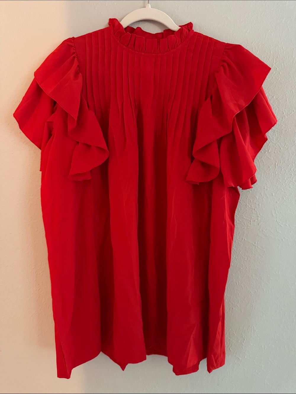 Red Ruffle Sleeve Pintuck Women’s Top